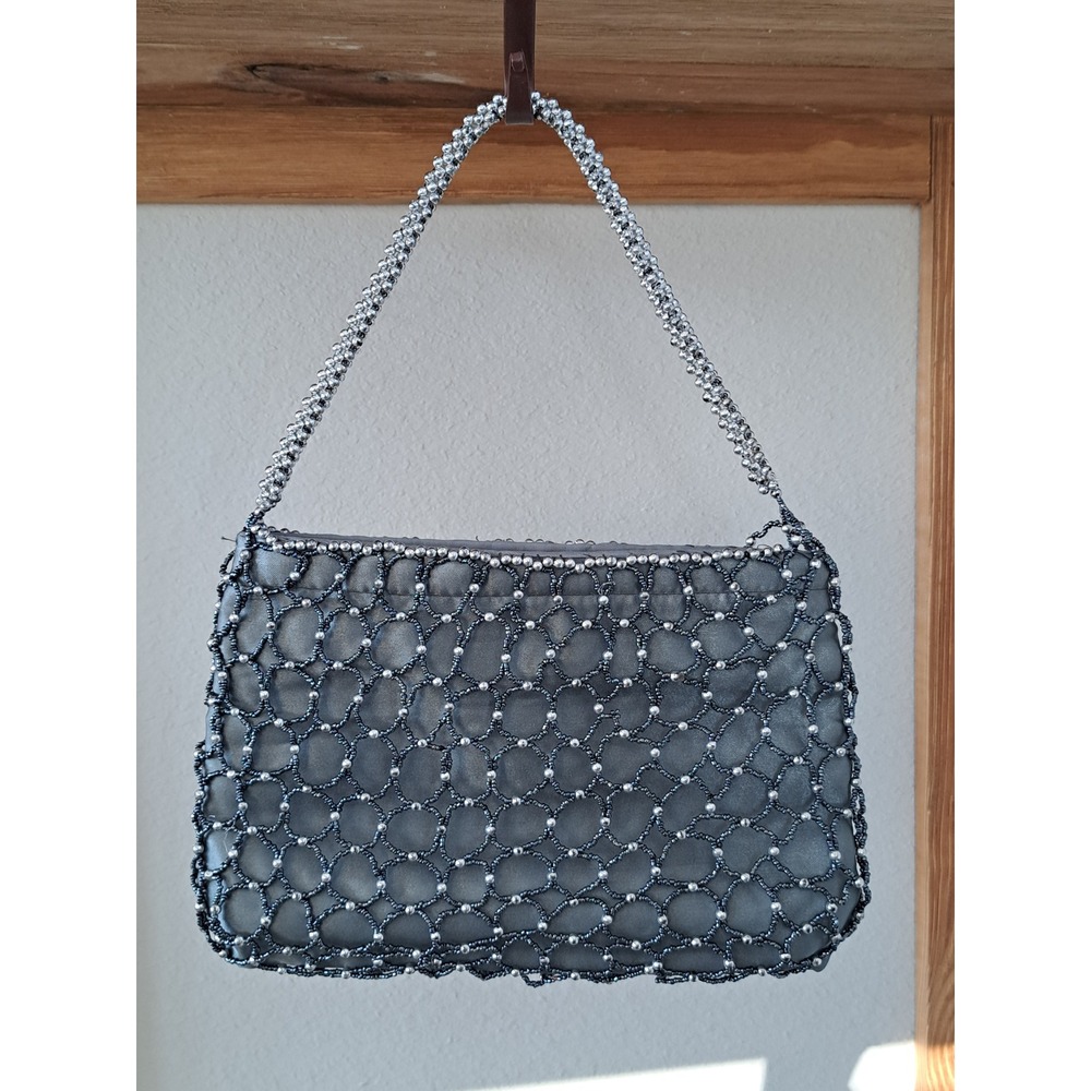 Silver Beaded Mesh Evening Bag Grey Satin Vintage Style Formal Clutch Purse